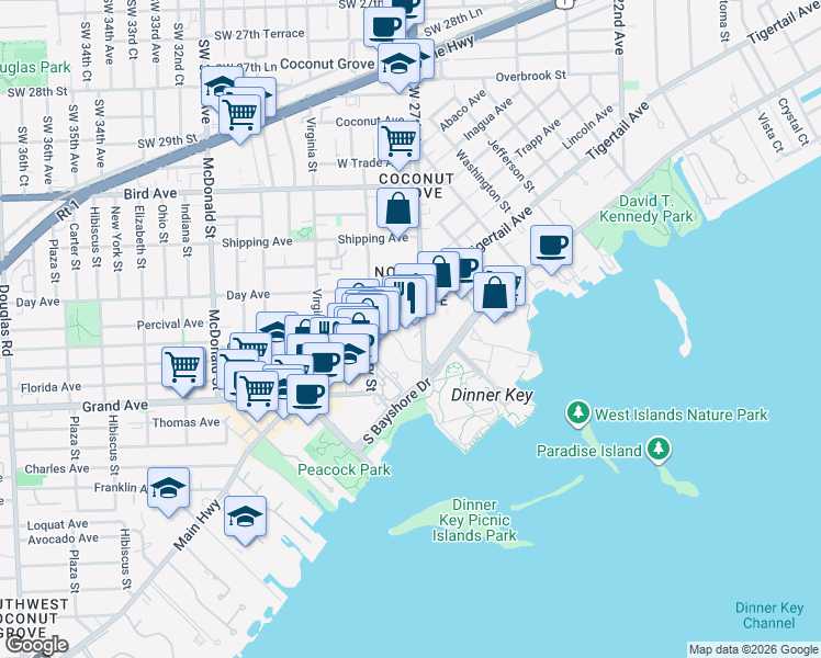 map of restaurants, bars, coffee shops, grocery stores, and more near 3350 Southwest 27th Avenue in Miami