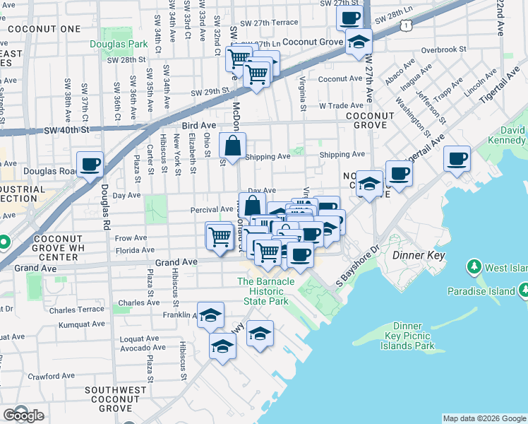 map of restaurants, bars, coffee shops, grocery stores, and more near 3230 Matilda Street in Miami