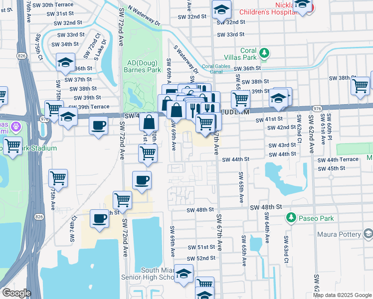 map of restaurants, bars, coffee shops, grocery stores, and more near 6811 Southwest 44th Street in Miami