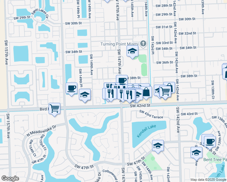 map of restaurants, bars, coffee shops, grocery stores, and more near 14769 Southwest 39th Terrace in Miami