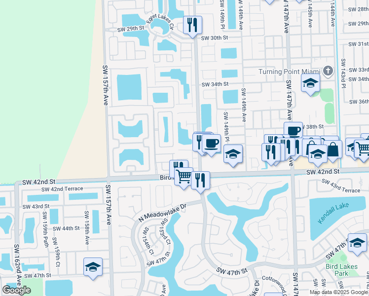 map of restaurants, bars, coffee shops, grocery stores, and more near 3870 Southwest 152nd Court in Miami