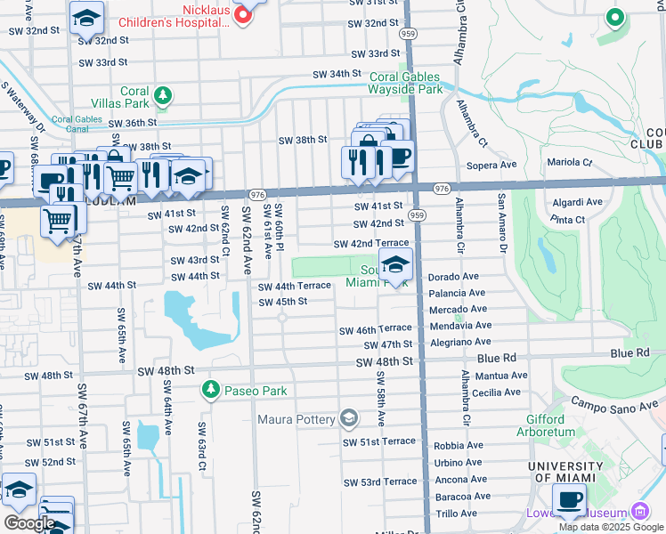 map of restaurants, bars, coffee shops, grocery stores, and more near 4300 Southwest 58th Avenue in South Miami