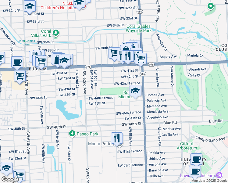 map of restaurants, bars, coffee shops, grocery stores, and more near 4300 Southwest 58th Avenue in Miami