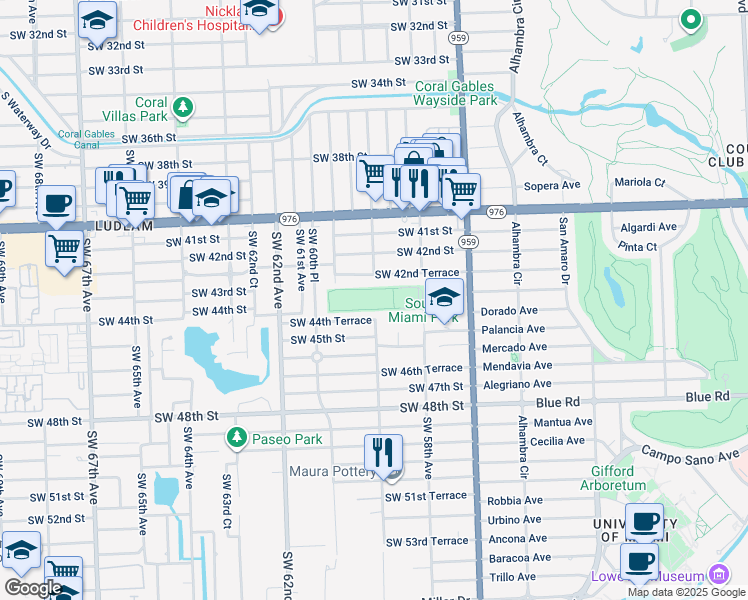 map of restaurants, bars, coffee shops, grocery stores, and more near 4300 Southwest 58th Avenue in Miami