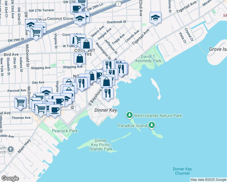 map of restaurants, bars, coffee shops, grocery stores, and more near 2640 South Bayshore Drive in Miami