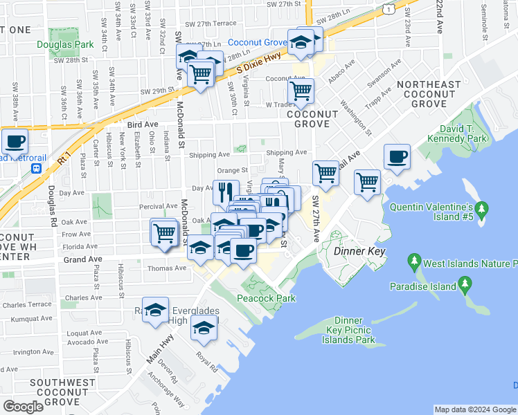 map of restaurants, bars, coffee shops, grocery stores, and more near 3229 Virginia Street in Miami