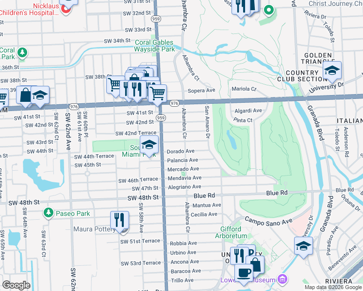 map of restaurants, bars, coffee shops, grocery stores, and more near 4320 Alhambra Circle in Coral Gables