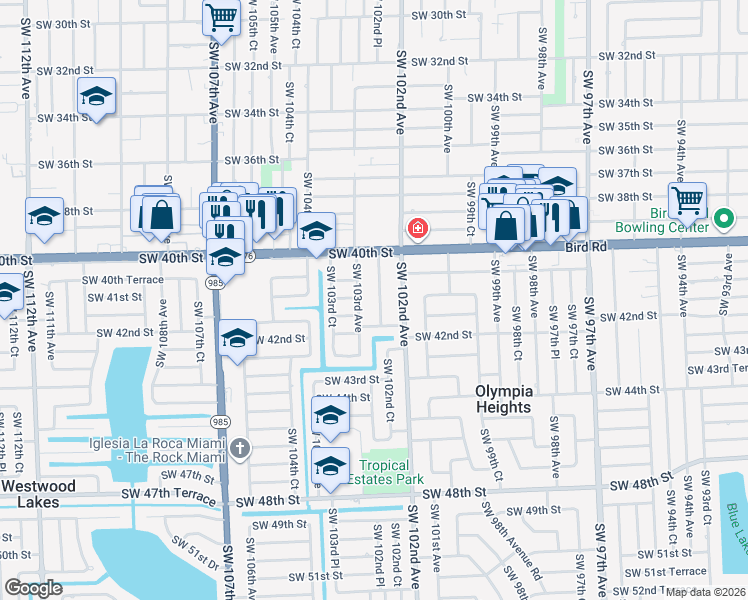 map of restaurants, bars, coffee shops, grocery stores, and more near 4052 Southwest 102nd Court in Miami