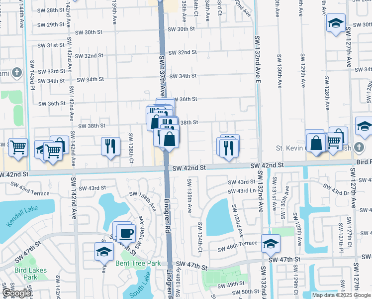 map of restaurants, bars, coffee shops, grocery stores, and more near 13580 Southwest 39th Lane in Miami