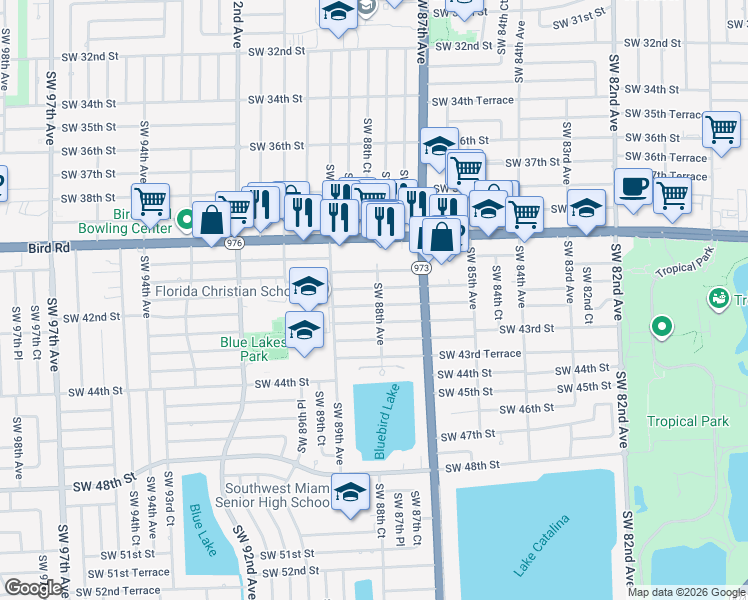 map of restaurants, bars, coffee shops, grocery stores, and more near 8832 Southwest 41st Terrace in Miami