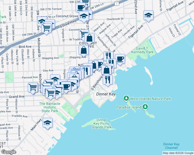 map of restaurants, bars, coffee shops, grocery stores, and more near 2665 South Bayshore Drive in Miami