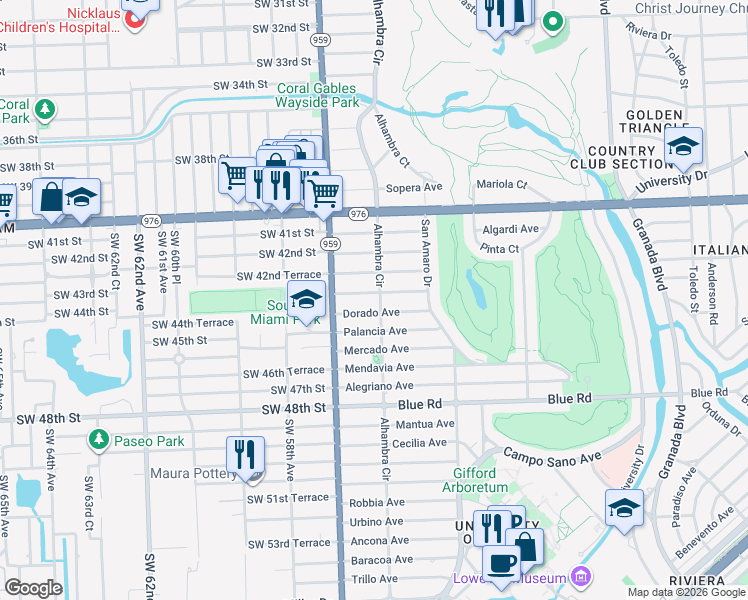 map of restaurants, bars, coffee shops, grocery stores, and more near 4320 Alhambra Circle in Coral Gables