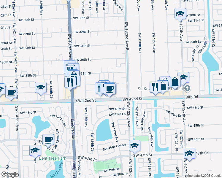 map of restaurants, bars, coffee shops, grocery stores, and more near 3988 Southwest 133rd Road Court in Miami