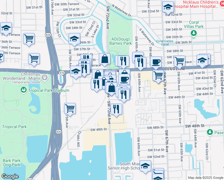 map of restaurants, bars, coffee shops, grocery stores, and more near 7151 Southwest 42nd Terrace in Miami