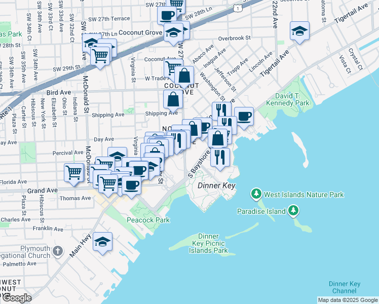 map of restaurants, bars, coffee shops, grocery stores, and more near 2665 South Bayshore Drive in Miami
