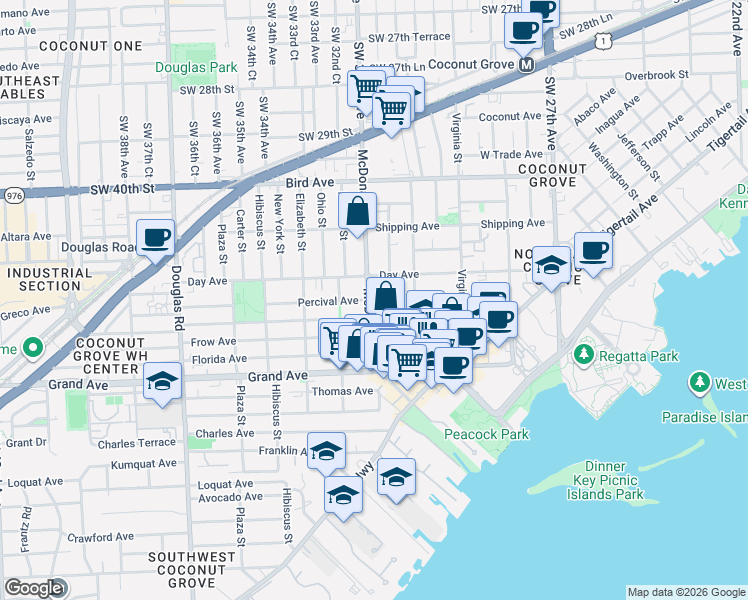 map of restaurants, bars, coffee shops, grocery stores, and more near 3245 McDonald Street in Miami