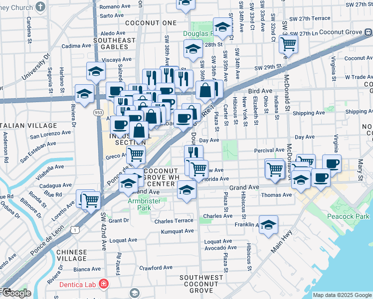 map of restaurants, bars, coffee shops, grocery stores, and more near 3762 Day Avenue in Miami