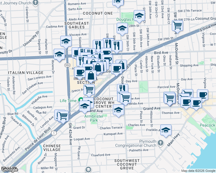map of restaurants, bars, coffee shops, grocery stores, and more near 115 Industrial Avenue in Coral Gables