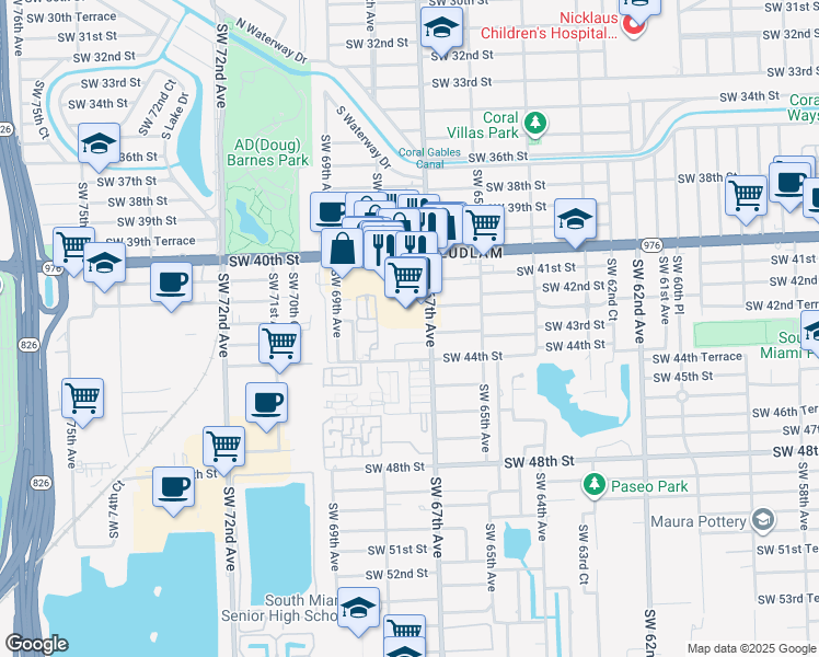 map of restaurants, bars, coffee shops, grocery stores, and more near 4250 Southwest 67th Avenue in Miami