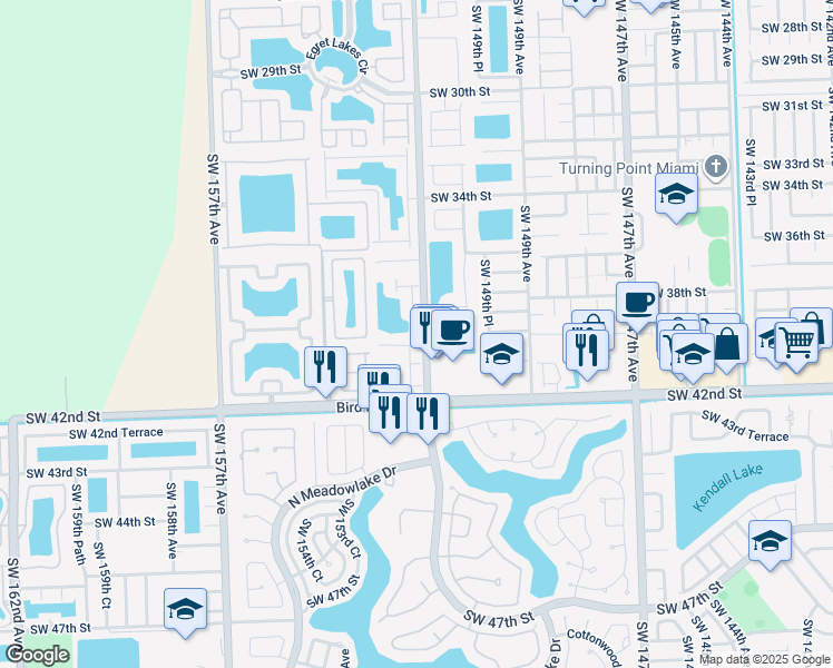 map of restaurants, bars, coffee shops, grocery stores, and more near 3908 Southwest 152nd Court in Miami