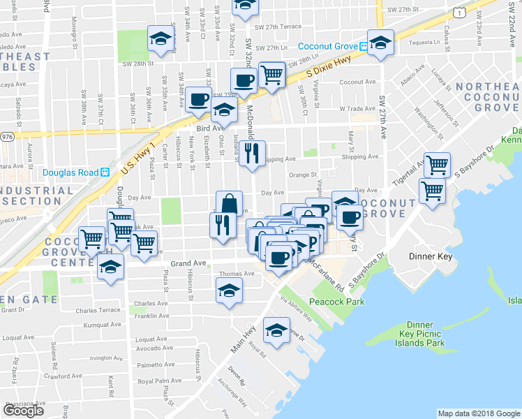 map of restaurants, bars, coffee shops, grocery stores, and more near 3229 McDonald Street in Miami