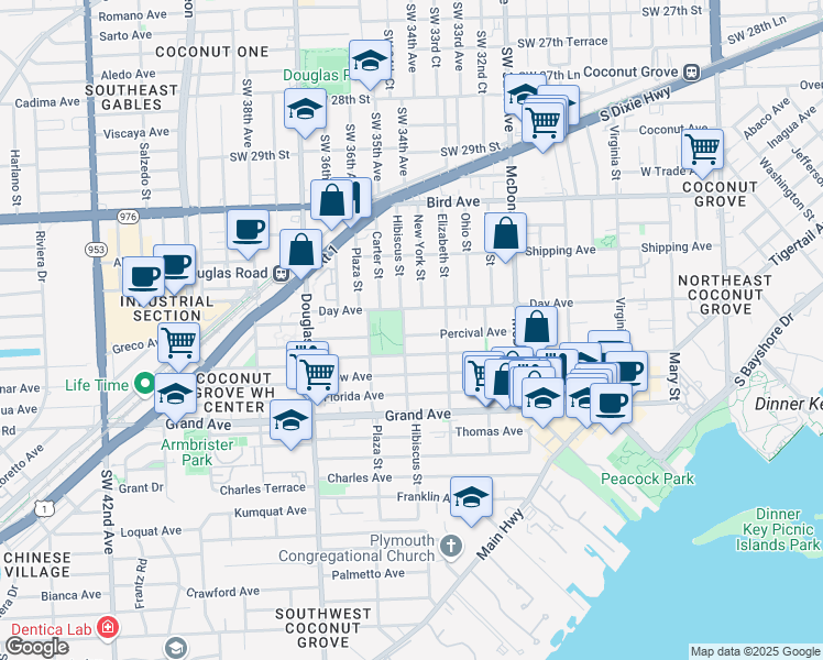 map of restaurants, bars, coffee shops, grocery stores, and more near 3478 Day Avenue in Miami