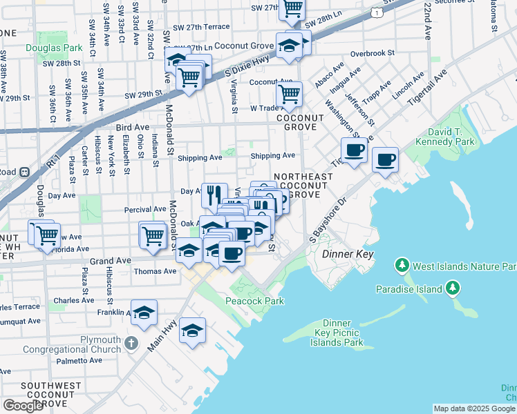 map of restaurants, bars, coffee shops, grocery stores, and more near 3229 Virginia Street in Miami