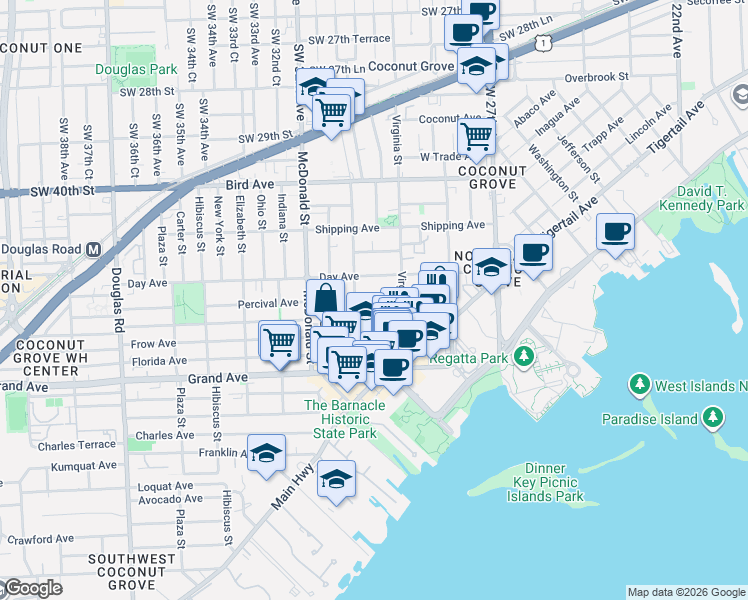 map of restaurants, bars, coffee shops, grocery stores, and more near 3050 Lime Court in Miami