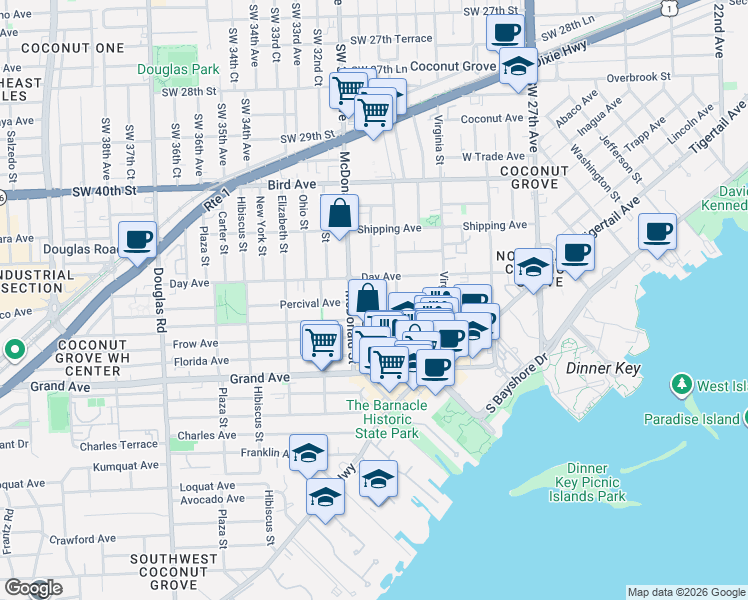 map of restaurants, bars, coffee shops, grocery stores, and more near 3230 Matilda Street in Miami