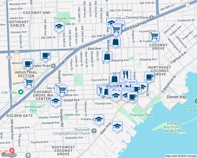 map of restaurants, bars, coffee shops, grocery stores, and more near 3220 Margaret Street in Miami