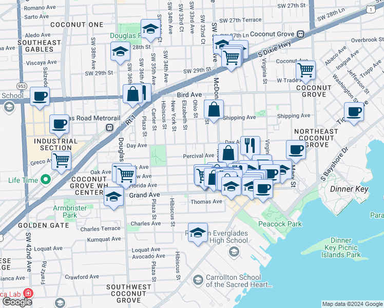 map of restaurants, bars, coffee shops, grocery stores, and more near 3210 Elizabeth Street in Miami