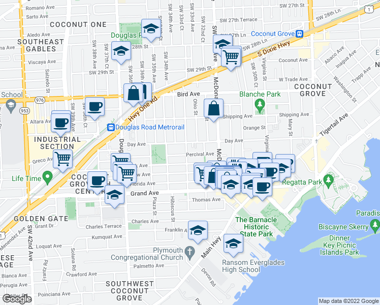 map of restaurants, bars, coffee shops, grocery stores, and more near 3210 Elizabeth Street in Miami