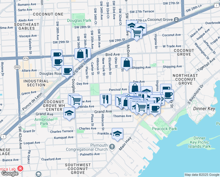 map of restaurants, bars, coffee shops, grocery stores, and more near 3210 Elizabeth Street in Miami