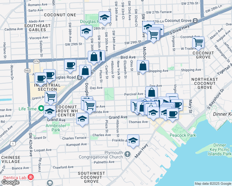 map of restaurants, bars, coffee shops, grocery stores, and more near 3478 Day Avenue in Miami