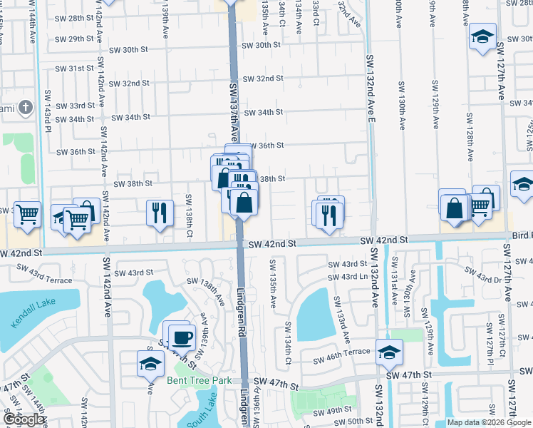 map of restaurants, bars, coffee shops, grocery stores, and more near 13580 Southwest 39th Lane in Miami