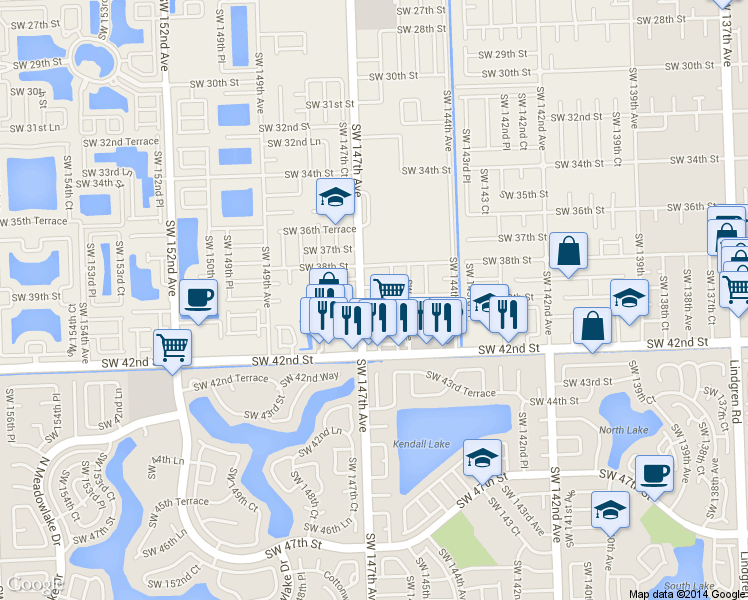 map of restaurants, bars, coffee shops, grocery stores, and more near 3871 Southwest 147th Avenue in Miami