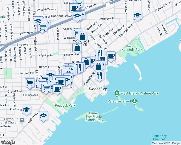 map of restaurants, bars, coffee shops, grocery stores, and more near 2665 South Bayshore Drive in Miami