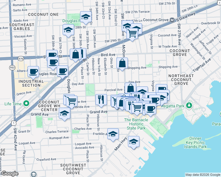 map of restaurants, bars, coffee shops, grocery stores, and more near 3210 Elizabeth Street in Miami