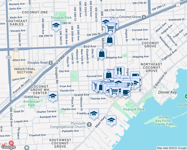 map of restaurants, bars, coffee shops, grocery stores, and more near 3220 Margaret Street in Miami