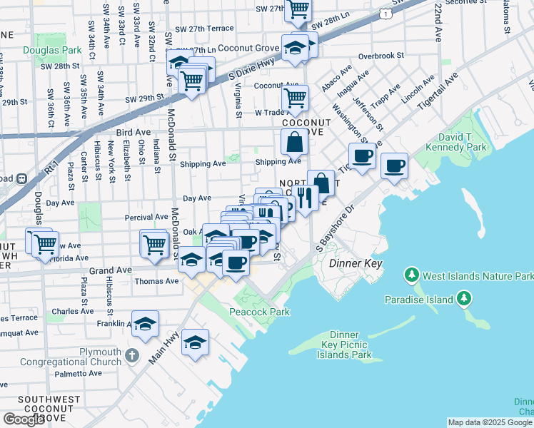 map of restaurants, bars, coffee shops, grocery stores, and more near 3242 Mary Street in Miami