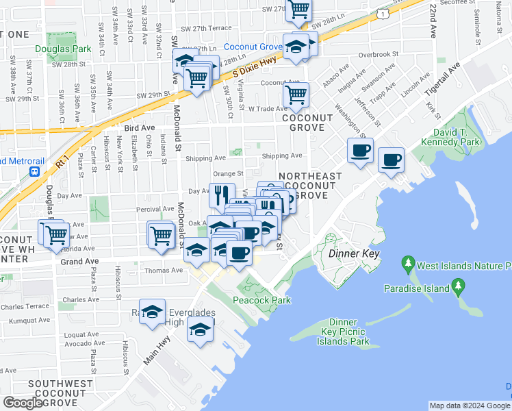 map of restaurants, bars, coffee shops, grocery stores, and more near 3229 Virginia Street in Miami