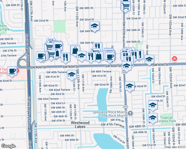 map of restaurants, bars, coffee shops, grocery stores, and more near 10955 Southwest 41st Street in Miami