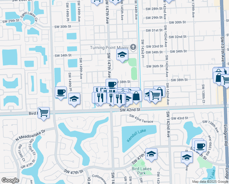 map of restaurants, bars, coffee shops, grocery stores, and more near 3871 Southwest 147th Avenue in Miami
