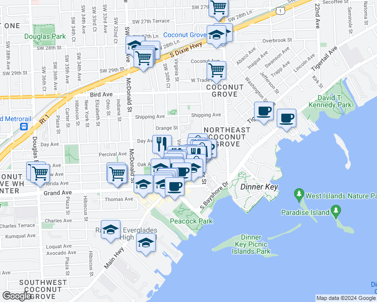 map of restaurants, bars, coffee shops, grocery stores, and more near 3229 Virginia Street in Miami