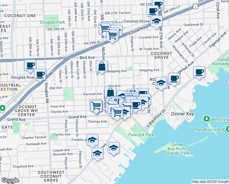 map of restaurants, bars, coffee shops, grocery stores, and more near 3230 Matilda Street in Miami