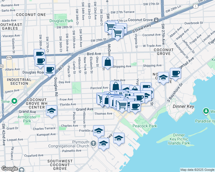map of restaurants, bars, coffee shops, grocery stores, and more near 3245 McDonald Street in Miami