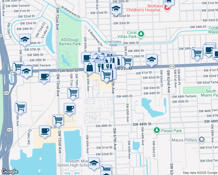 map of restaurants, bars, coffee shops, grocery stores, and more near 4250 Southwest 67th Avenue in Miami