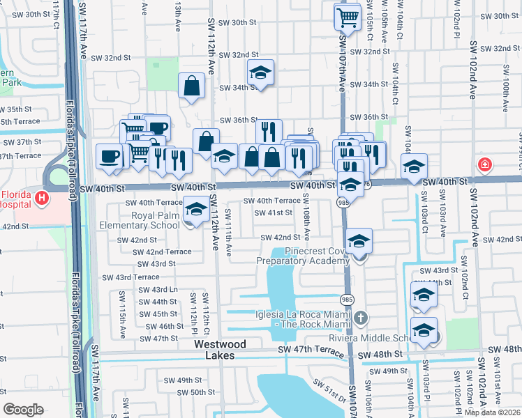 map of restaurants, bars, coffee shops, grocery stores, and more near 10955 Southwest 41st Street in Miami