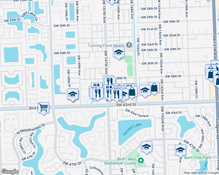 map of restaurants, bars, coffee shops, grocery stores, and more near 3871 Southwest 147th Avenue in Miami