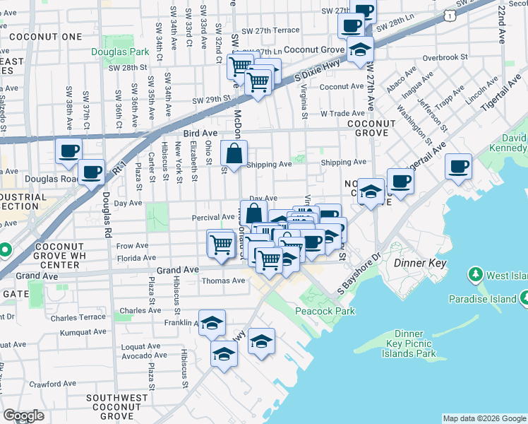 map of restaurants, bars, coffee shops, grocery stores, and more near 3230 Matilda Street in Miami